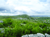 View of Kullaj from the west.  A limestone hill covered in shrubbery, with buildings scattered in the background.