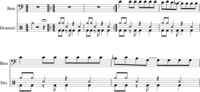 Example 5. Seven measures of music for bass guitar and drums