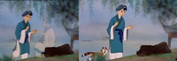 A sequence of two stills from an animation. The left still shows two figures, one standing and one sitting. The right still shows the emergence of a long-tailed little red panda from the lower left, and the disappearance of the figure who was sitting.
