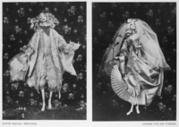 The page from the periodical Deutsche Kunst und Dekoration (German Art and Décor) features two doll photographs in black and white, representing a bride and a groom against a floral background. Each member of the married couple is depicted separately in a full-length portrait: the androgynous-looking groom is clad in a brocade overcoat with open layers while his veiled bride wears a satin gown with numerous folds and pleats.