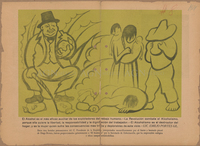 A sketch depicting five peasants in simple clothing, with no facial features shown. One man lies on the ground, a bottle in his hand, while another stands with a drink in hand, his face obscured by a large hat. A woman stands to his right, carrying a child on her back and a baby on her front. To their right, a stout, grinning man in a top hat and three-piece suit, with a whip in his hand and bags marked with dollar signs in one hand and at his feet, sits in front of a maguey plant.