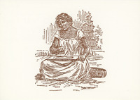 Line art drawing of dark-skinned woman. She sits, holding a wooden board on her lap, pounding bark paper with her other hand. She wears a light, short-sleeved dress.