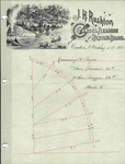 A sketch in red ink on a sheet of Rushton Boat Shop letterhead. The sketch depicts the rough outline and dimensions of a sail to be used in a canoe.