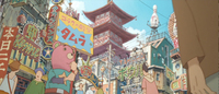 A cartoon scene of a busy city street, with calligraphy visible on signs and posters throughout.