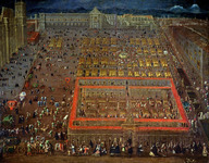 Color painting of a view in perspective of the plaza at night. Groups of denizens are depicted, engaging in various everyday life activities.