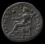 Photograph of denarius of Domitian. Reverse: Vesta holding the Palladium.