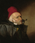 An oil painting of a voyageur wearing a red hat and smoking a pipe.