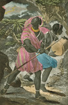 Two Wolof warriors dressed in short, toga-like garments, one bright pink, one bright blue, move with caution through a dark jungle. One carries a spear, one a drum. Lightning streaks in the sky in the background.
