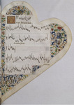 The right folio of a heart-shaped, illuminated manuscript depicts the musical notation and several lyrics of the song “J’ay prins amour” against an ornate background inhabited by two whimsical creatures.