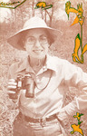 Three-quarter view. She stands, smiling, in a prairie with a broad-brimmed straw hat, glasses, and binoculars. She wears a checkered, long-sleeved shirt and jeans.