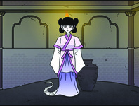 A color frame from a webtoon featuring a female figure with a white snake tail sticking out from beneath her pinkish robe. Snake scales cover both her bare neck and the tail.