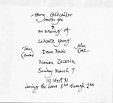 A folded, yellowing card with black calligraphy reads “Henry Geldzahler invites you to an evening of . . . Dream Music” on 7 March 1965 at 112 West Eighty-­First “during the hours 8 PM through 2 AM.” The title, “Dream Music,” is surrounded by the performers’ names.