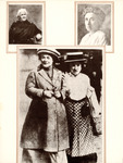 Large photo, street scene, of the two walking, arms entwined. Both wear hats. Zetkin wears a warm coat, and Luxemburg carries her coat over her arm. Small portrait above each of them.