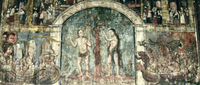 A color photo of a 19th century painting depicting a creation scene, with the center panel featuring Adam and Eve standing next to a tree. Two other panels depict figures in a boat facing the center panel.