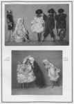 The black and white photograph from the periodical Deutsche Kunst und Dekoration (German Art and Décor) represents a group of five dolls dressed in Rococo costume made of shiny satin fabrics and adorned with ruffles and frills. Two white dolls, with the male standing while the female is seated on a porcelain trinket box, are watching a trio of black dolls perform: they seem to be dancing, singing, and clapping in their hands for our viewing pleasure