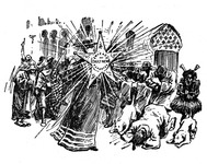 A cartoon vignette that appears on the frontispiece of Amy Leslie’s account of the fair. It represents Leslie with her journalist’s pass, which is shaped like a giant star, held out in front of her, beaming out rays of light and blocking out sight of her face and upper body while racial and national caricatures cringe and kneel in a semi-circle behind her.