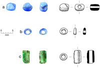 Three sets (a-c) of photographs and drawings of glass beads.
