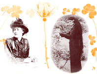 Markievicz sits, dressed in a military jacket, a broad-brimmed hat with flourish, holding a revolver. Gonne stands in a long, dark dress with hair below her waist, picking a rose.