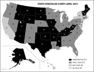 A map of the United States showing that about half the states allow for the legal concealed carry of a firearm without a government permit, about half require a permit, no state prohibit carry completely, but a few have restrictive permit systems.