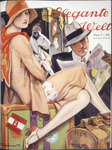 Front cover of Elegante Welt magazine depicting a woman in beige clothing and a hat elegantly sitting amid her luggage for a trip and holding a well-behaved dog. On the right is a suited man, reading a different copy of Elegante Welt. The magazine title and issue number are overlaid in the top-right corner above the man.