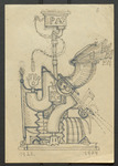 Costume sketch for Pa, a constructivist character in Columbine’s Garter who is half human, half toilet. His body is assembled from human and mechanical parts. His top hat is capped with a toilet lid crammed with various newspapers. A toilet tank marked PA juts upward from his body. At the center of his body is the word "Pipifax"––Eisenstein and Yutkevich's joint alter ego.