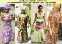 Four photographs of women wearing aso ebi in Style Royale magazine, with the caption “your events need to be covered?” followed by phone numbers for Udo, Segun, and Emma.