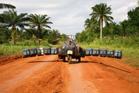 Image of an artwork depicting a motorbike with gasoline canisters hanging on its left and right in straight lines. The handle and spout of the canisters form the likeness of human faces. The sculpture is photographed on a dirt road in a natural setting with palm trees.