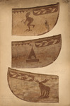 A photograph of three outer hulls of birch-bark canoes, decorated with silhouettes, symbols, animals, and shapes.