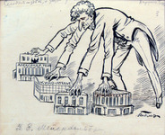 A drawing of Meyerhold with an enormous nose and four arms, each reaching out to a different tiny theater building. From left to right: the Alexandrinsky, a film-studio, a studio theater, and the Marinsky.