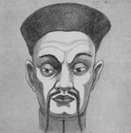 Drawing of a Chinese-­looking man wearing a hat; he has arched eyebrows and a long mustache