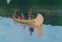 An idyllic painting of two men and a dog in a birch bark canoe on the glassy surface of a lake. The lake reflects the image of the men in the canoe, and their paddles send ripples across the surface.