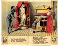 Page four shows the white "master of the house" gazing in distress upon his white classical statue of a woman covered in dirt. Page five shows the "lady of the house" with her son and a grubby mantelpiece and table, which she is unable to clean. The child is about to drink some poisonous liquid.
