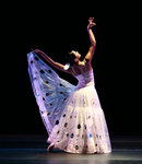 Figure 13.1. Ting-Ting Chang stands with her back to the audience, left hand lifting the hem of her skirt behind her, right hand reaching up to form the silhouette of a peacock head.