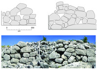 Photo of Kratul i Madh’s Eastern Wall made of rocks, along with two digital drawings of rock location and structure that forms the wall.