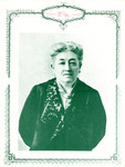 Half-length portrait of Schreiner dressed in a jacket with large, embroidered lapels and a brooch on her blouse. Ornate border includes the words “Peace & Equality” with a dove and an olive branch.