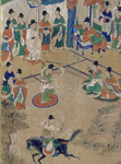 Figure 1.2. In front of two seated men in traditional clothing, a woman performs a dance with two swords. Scarves swirl around her as she kicks one foot up in the air behind her.
