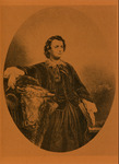 Oval engraving of Bonheur dressed in a jacket, vest, and full skirt. She holds a pencil, her right arm around a furry bull with horns. Her left hand holds a sketchbook.