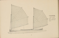 A black and white illustration of two sails mounted inside a canoe from page 44 of the Rushton's Rowboats & Canoes Catalogue. The text beside the illustration reads "Vesper. Sail Plan. Bailey improved sails, double halliards."