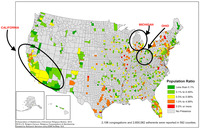 A county map of the United States showing population ratios for Muslim adherents, with areas of density in Michigan, Ohio, and California highlighted with ovals.