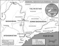 Map of the border between Tajikistan and Afghanistan in Badakhshan with cities. Small circle highlights where in the broader region this border lies, in particular, that the border is sandwiched between China, India, and Russia.