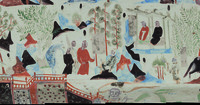 Detail from the Śyāma jātaka tale mural, Mogao Cave 302. Sui, 581–­618 CE. Dunhuang. The dying hero, in grey at center, asks the King of Benares to care for his blind parents