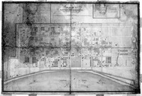 Figure 7. Map of New Orleans in 1732 with arrow pointing to the Ursuline convent located three blocks east of the Place d’Armes.