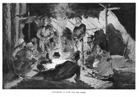 An illustration of voyageurs singing around a campfire.