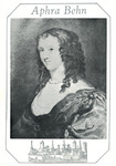Painting of Behn in a low-cut, ruffled gown, a pearl necklace, and long, tightly curled hair. A simple border with her name at the top and a medieval castle engraving at the bottom.