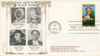 Portraits of the four women framed in an ornate gold border with names and dates under each photo in maroon.
