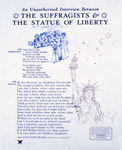 A crowd of women holds papers with their statement. The text of Statue's reply slightly overlaps the Statue. Stars and moon above statue.