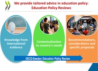 The image shows the OECD-Sweden review process. The starting point is an education system’s specific needs. The OECD previsit is about analysis and organization of the visit’s meeting with some stakeholders. The OECD review team then visits the country under OECD guidance having 10-day meetings and school visits. Later, the OECD writes reports to provide comments and produces its final publication. The final objective of this review process is dissemination of strategies for action with a long-term perspective