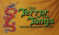 Stylized roman text in green over a background of yellow fabric, alongside an 'oriental' dragon to the left.