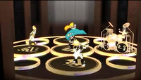 In this hard-core metal version of the _Heart Sutra_ vocaloid Hatsune Miku and her band perform on a platform decorated with what appears to be calligraphic Siddham script, the writing introduced to Japan by master calligrapher Kukai in the 9th century.