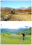 Group 2 mound image showing dry, barren land. Group 1 mound image shows green land with vegetation and rocks.
